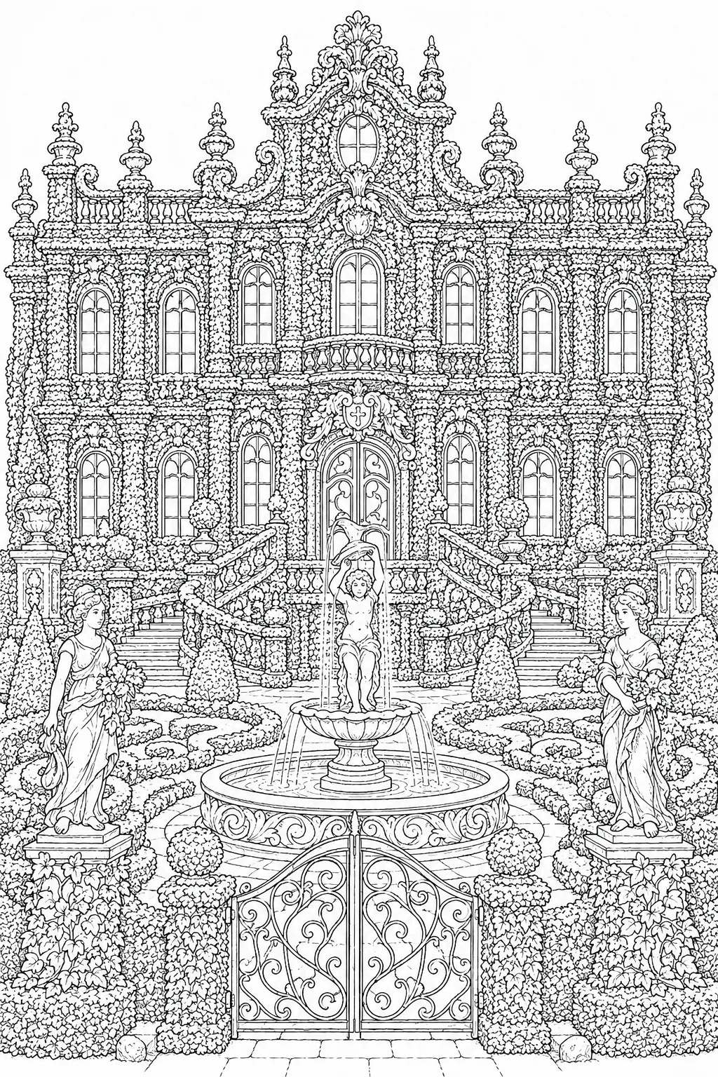 Ausmalseite eines Barockpalastes aus lebenden Barockhecken mit Topiarie-Fenstern und Brunnen