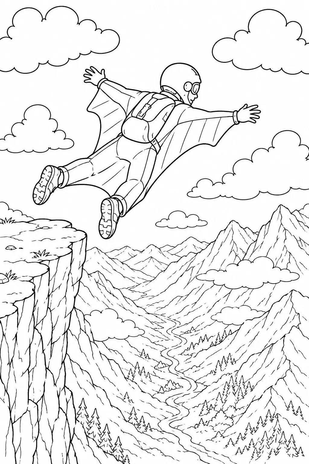 Basejumper im Wingsuit springt von schroffer Klippe über tiefem Bergtal