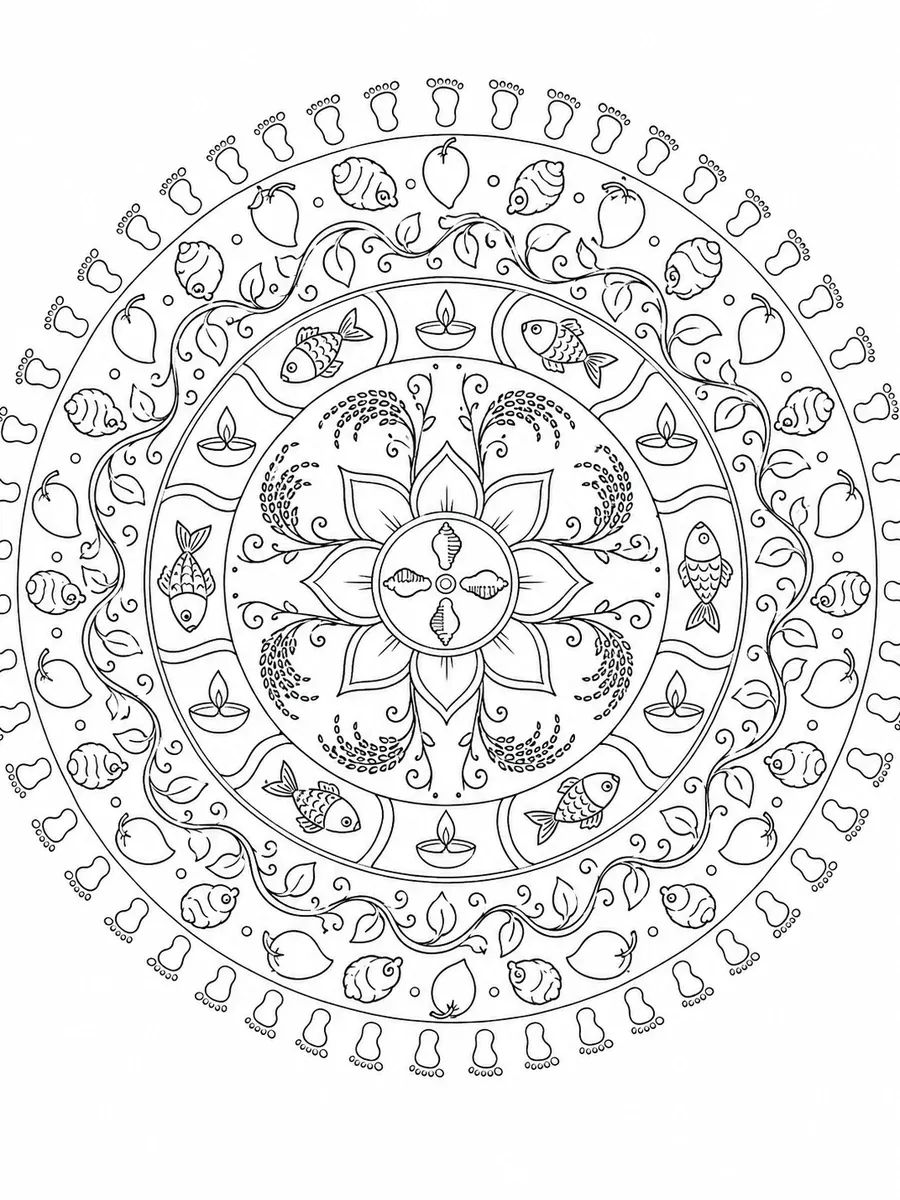 Symmetrisches Alpana-Mandala mit Lotus-Zentrum, Reishalmen, Fischen, Diya-Lampen und Mangos am Rand