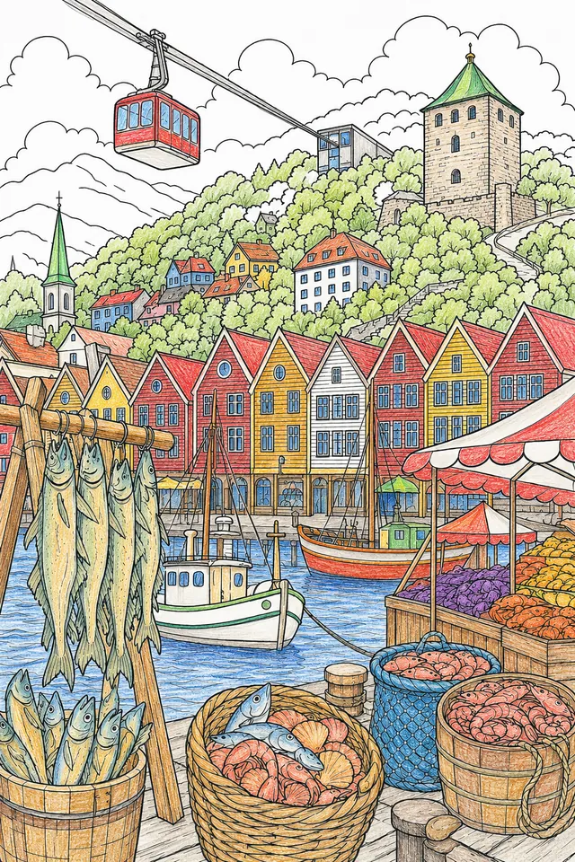 Bergen cozy: Bryggen long continuous gabled leaning red yellow ochre vertical plank dark alleyways / Fish Market salmon cod Klippfisk soup / Rosenkrantz Tower Bergenhus stone / colourful wooden houses slopes / seven mountains funicular fjord deep dark golden reflection