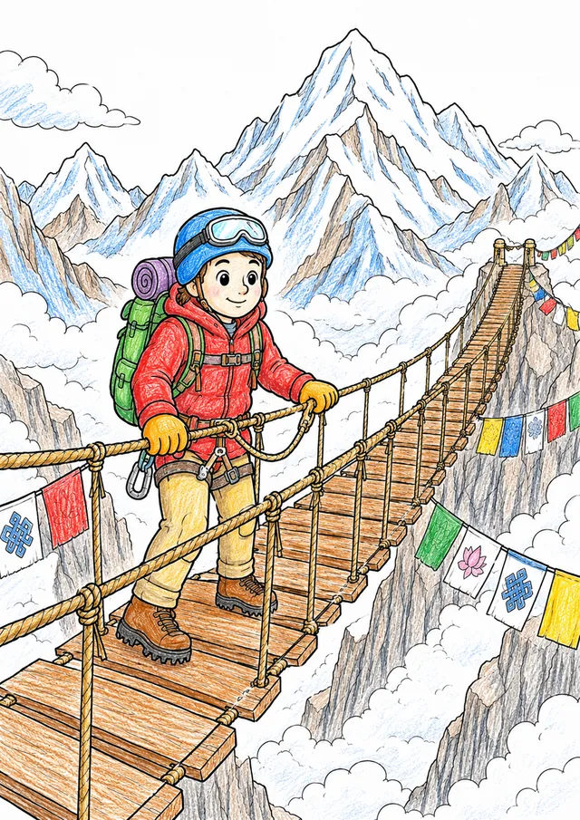 Bergsteiger überquert Seilhängebrücke über tiefe Himalaya-Schlucht mit Gebetsfahnen