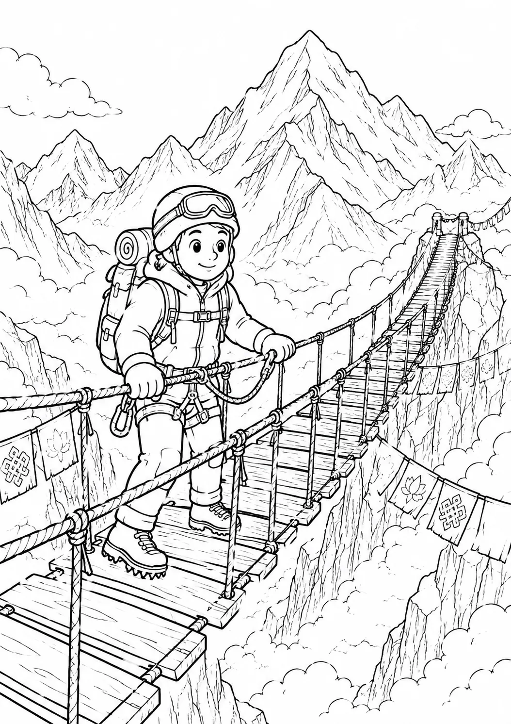 Bergsteiger überquert Seilhängebrücke über tiefe Himalaya-Schlucht mit Gebetsfahnen