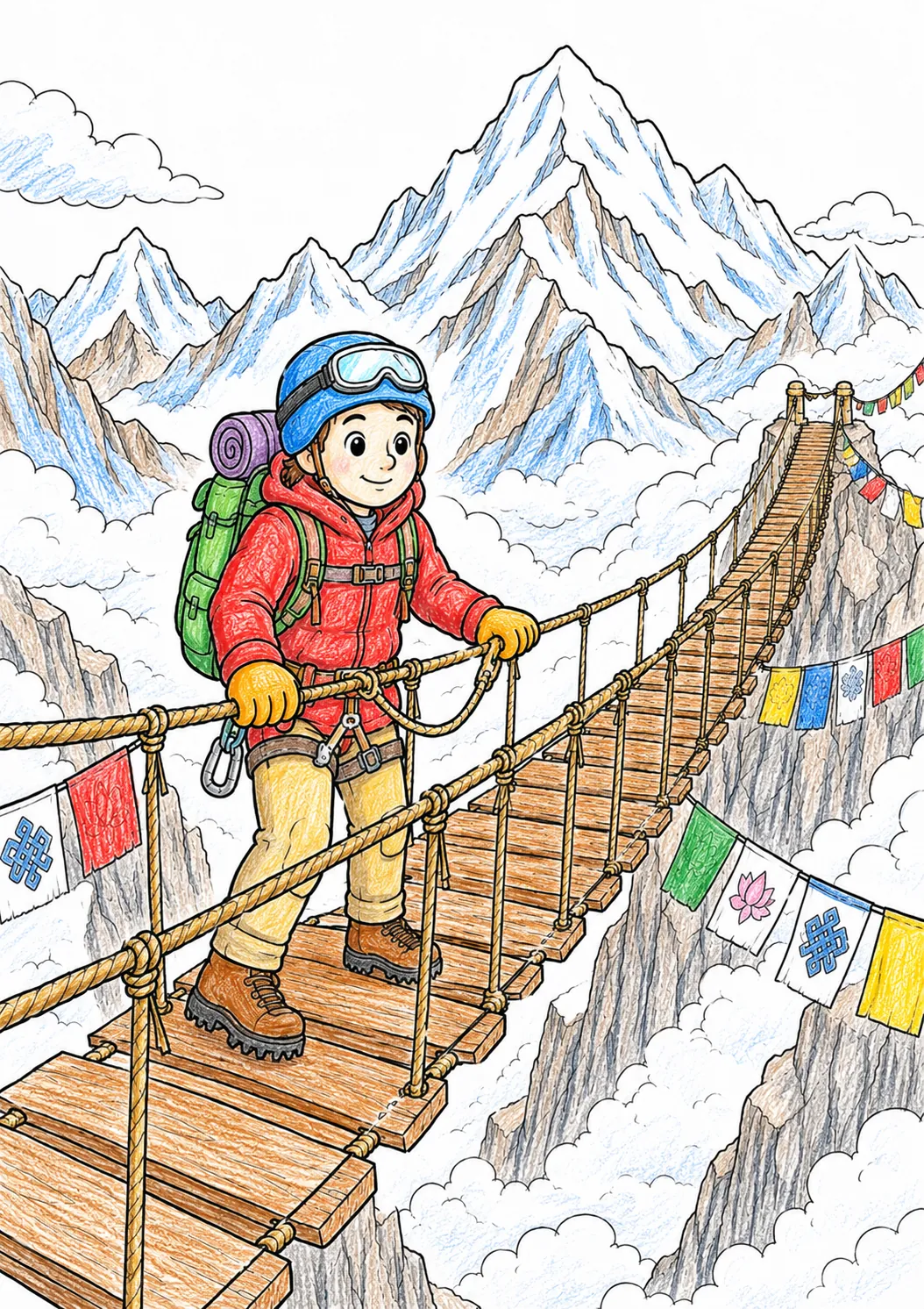 Bergsteiger überquert eine Hängebrücke im Himalaya