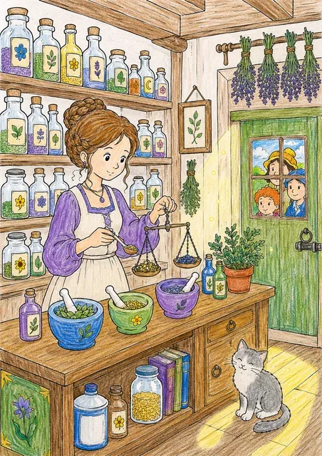 有药瓶和石臼的草药师 – 涂色效果预览