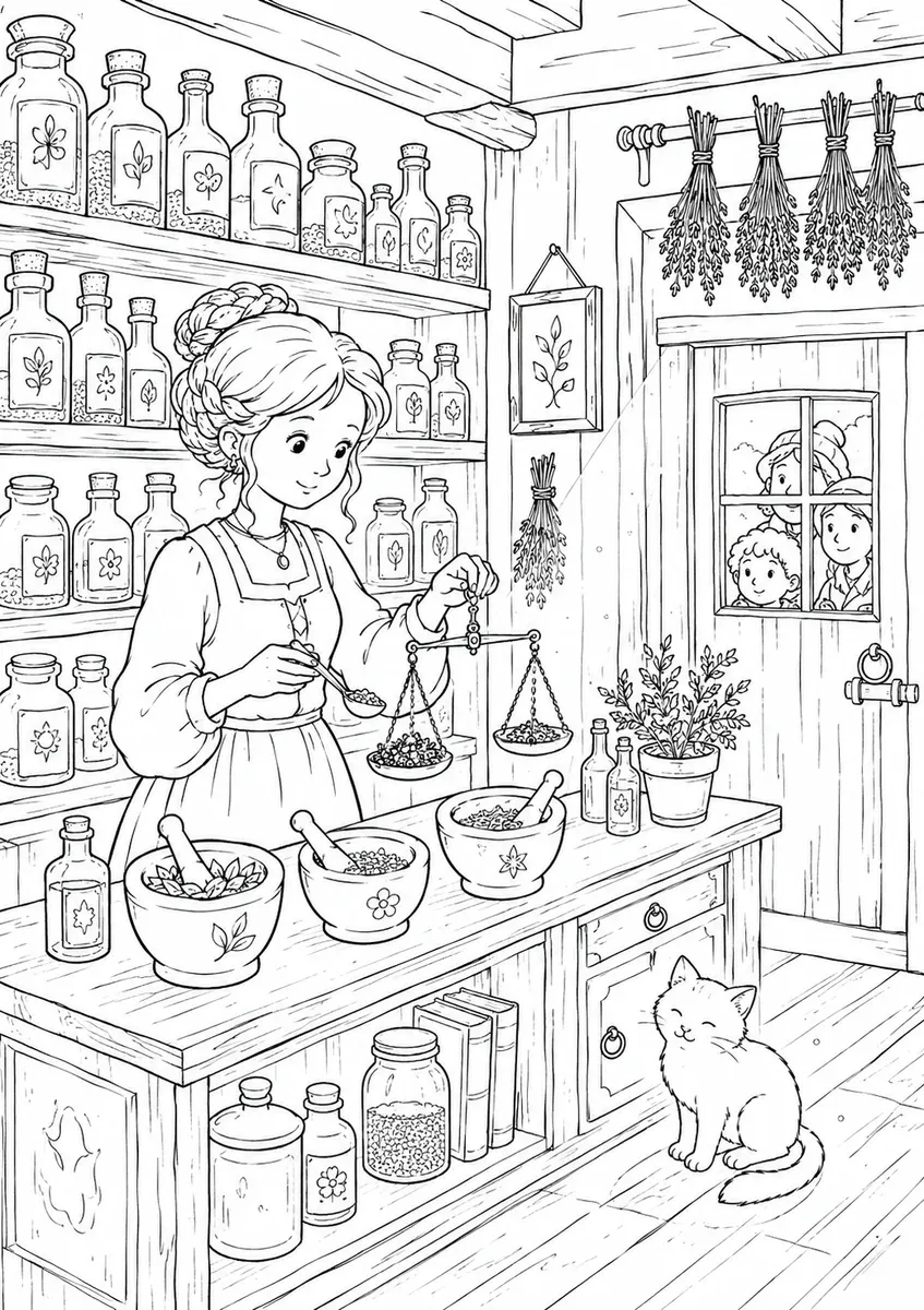 草药铺草药师与药瓶石臼的涂色画