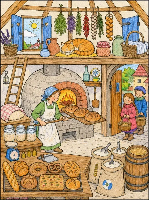 Querschnitt einer Bäckerei mit Bäckerin am Steinofen, Brotrost und Kindern an der Tür