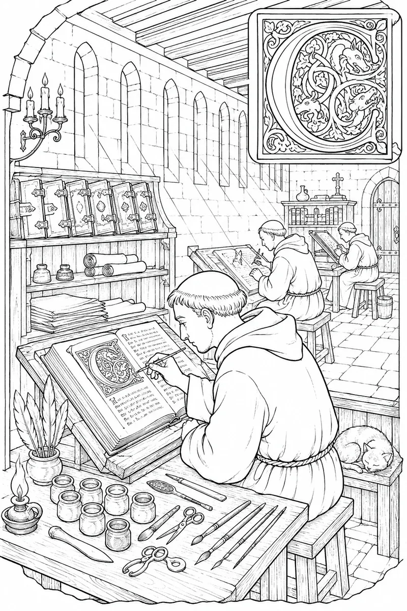 Querschnitt eines mittelalterlichen Skriptoriums mit Mönch-Illuminator am Pergament und Büchern auf den Regalen