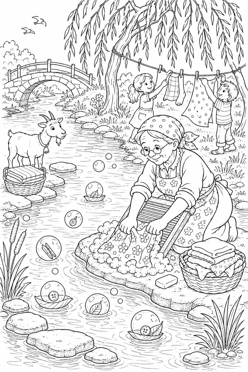 Ausmalbild einer Wäscherin am Fluss mit Seifenblasen wie kleine Boote