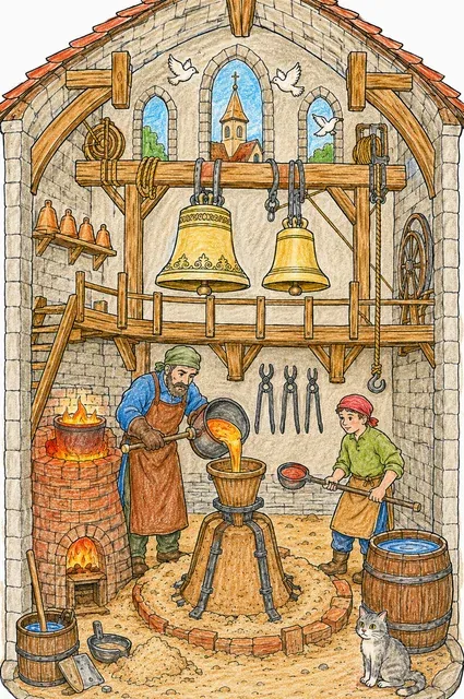Querschnitt einer Glockengießerei mit Meister, Lehrling, Schmelzofen und zwei hängenden Glocken