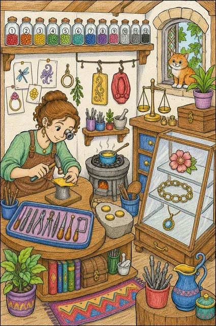 Querschnitt einer Goldschmiedewerkstatt mit Arbeiterin an der Bank, Esse und Vitrine mit Schmuck