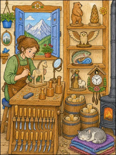 Querschnitt einer Alpen-Werkstatt mit Holzschnitzerin am Pferdchen, Werkzeugen und Regal mit Figuren