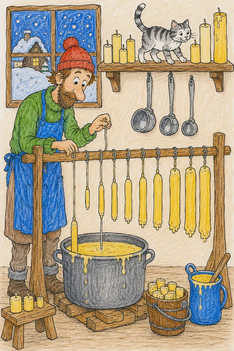 Kerzenmacher taucht Dochte in Wachs