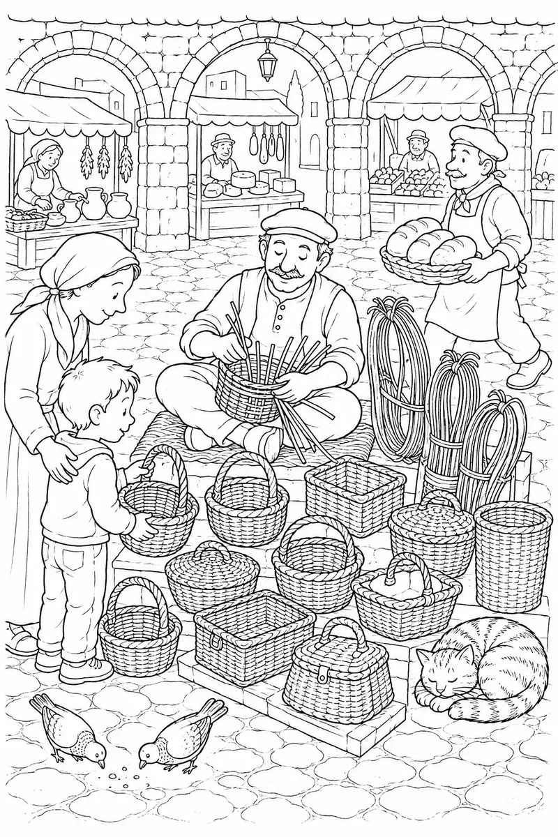 Korbflechter im Schneidersitz auf einem Markt mit zwölf Körben und Mutter mit Kind