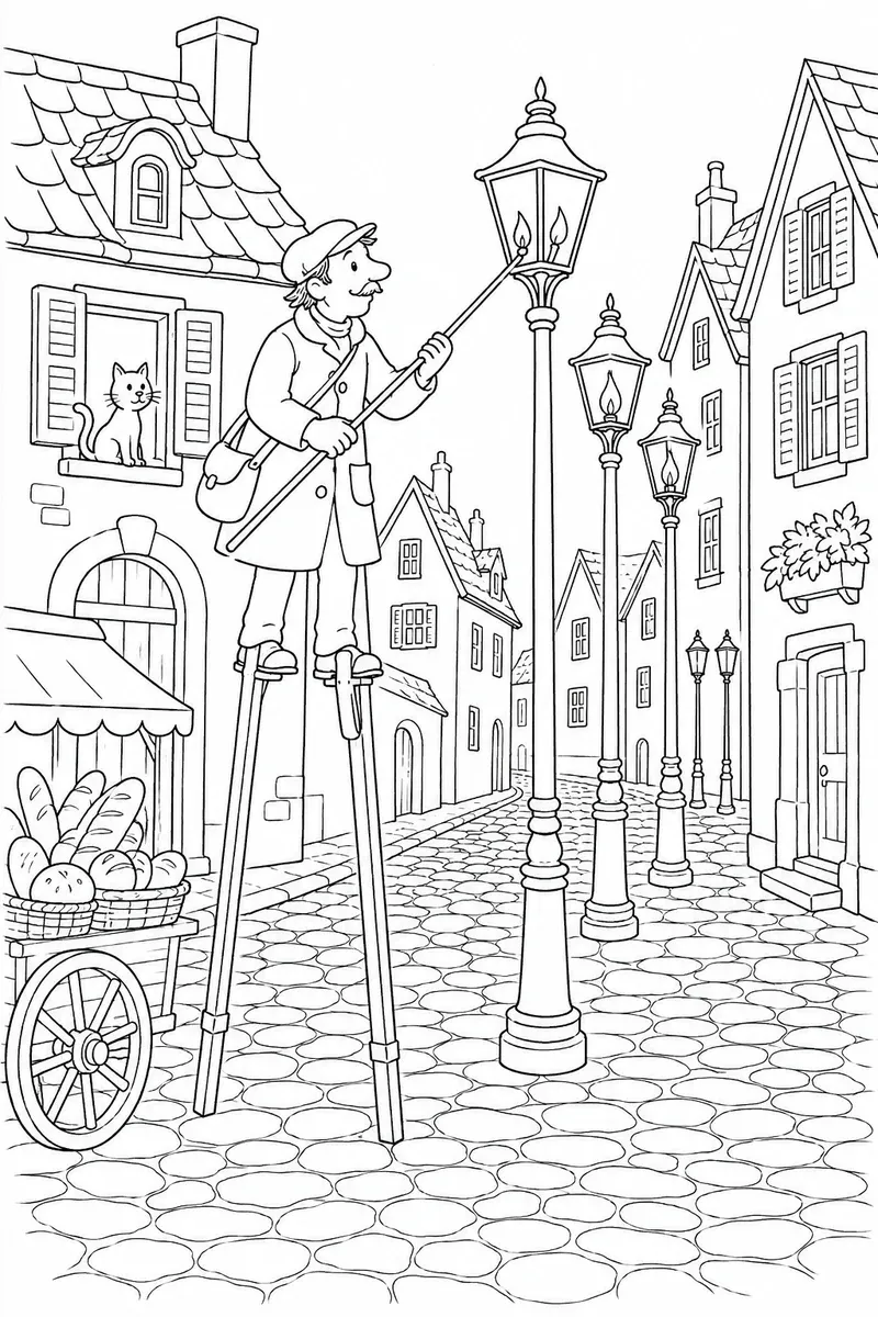 Ausmalbild eines Laternenanzünders auf Stelzen in einer alten Stadtgasse am Abend