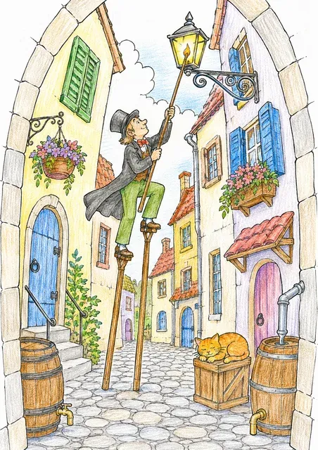 Ausmalbild eines Laternenanzünders auf Stelzen in einer engen Gasse
