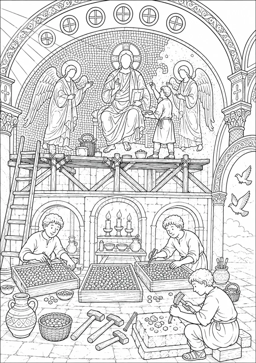Querschnitt einer byzantinischen Kirche mit Mosaikleger am Apsis-Mosaik und drei Tesserae-Schalen unten