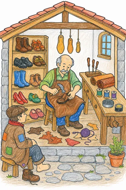 Querschnitt einer Schuster-Werkstatt mit Schuster, Regal voller Schuhe und wartendem Kunden