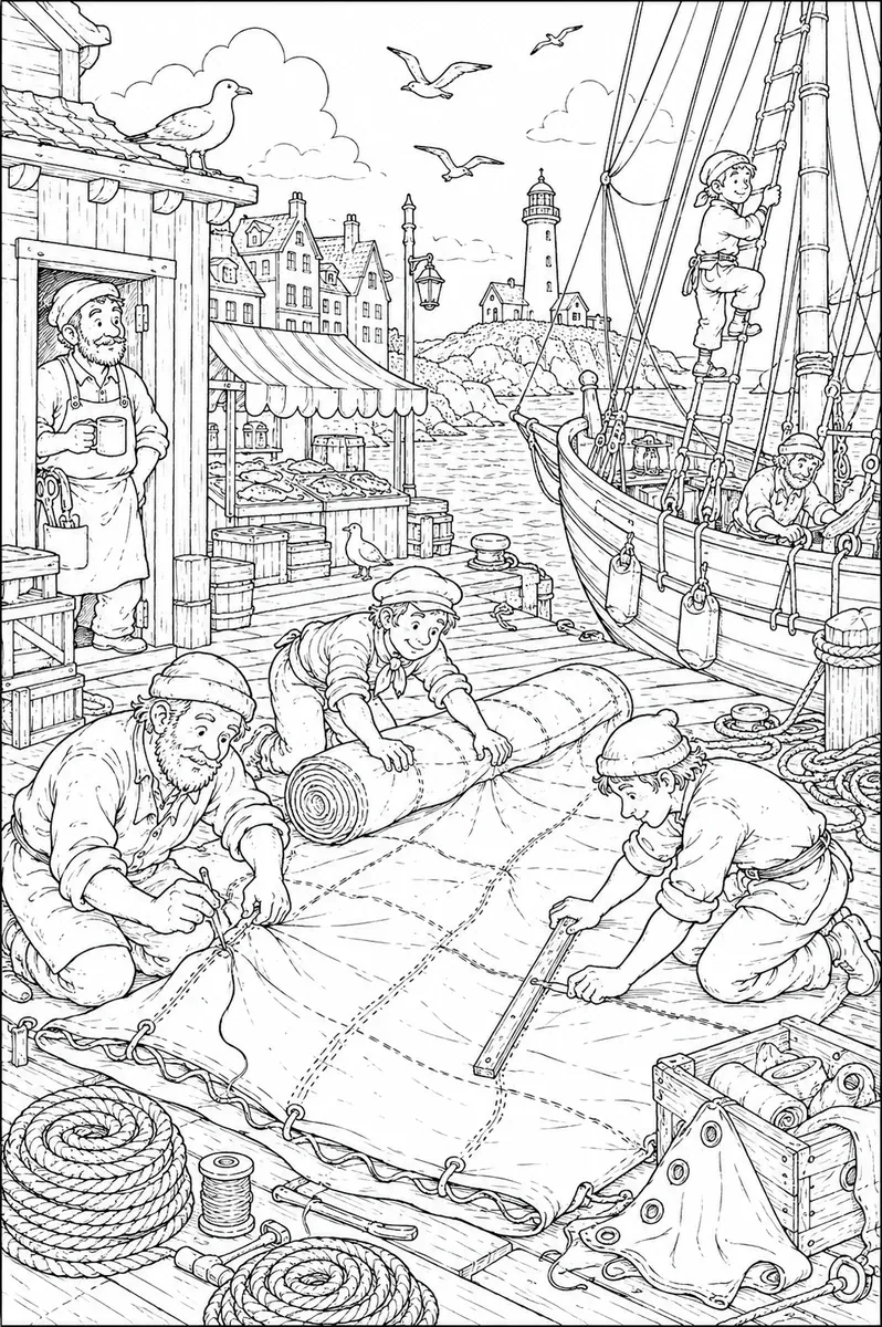 Hafenszene mit Segelmachern, einem Schiff am Kai und einem entfernten Leuchtturm