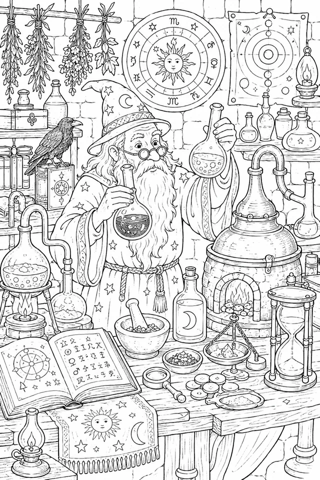 Der Alchemist: Ein mittelalterlicher Alchemist in seinem Labor versucht, Blei in Gold zu verwandeln — brodelnde Retorten und Atem des Geheimnisvollen