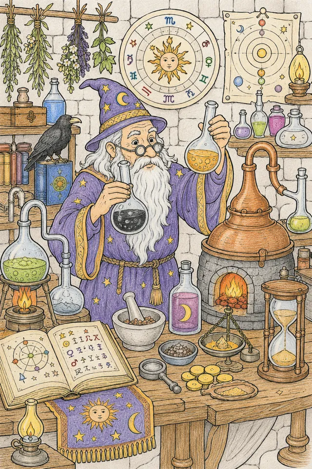 Ausmalbild: Mittelalterlicher Alchemist in seinem Labor mit Retorten und Büchern