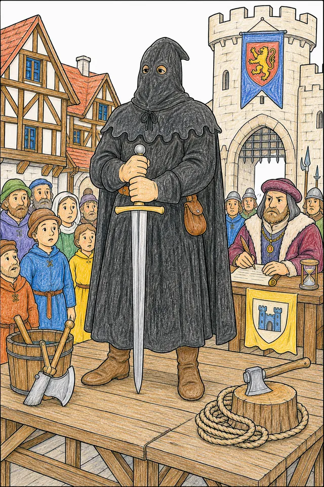 Ausmalbild: Würdevoller mittelalterlicher Scharfrichter mit Richtschwert am Richtplatz