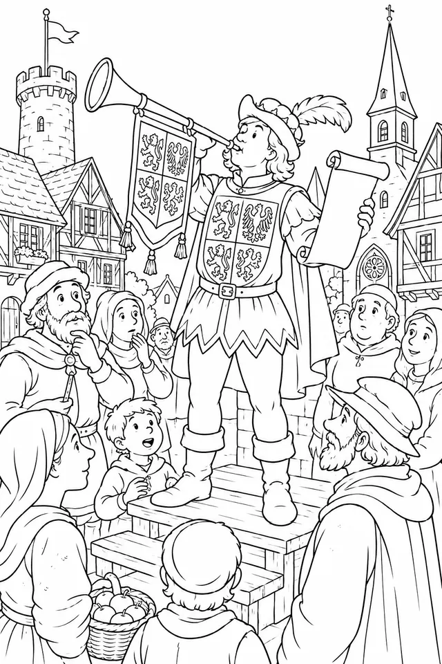 Der Herold: Ein festlich gekleideter königlicher Herold verkündet mit Fanfare eine Proklamation auf dem Marktplatz