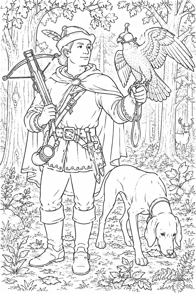 Der Jäger & Falkner: Ein mittelalterlicher Edelmann jagt im Wald — Falke auf dem Handschuh, Armbrust über der Schulter
