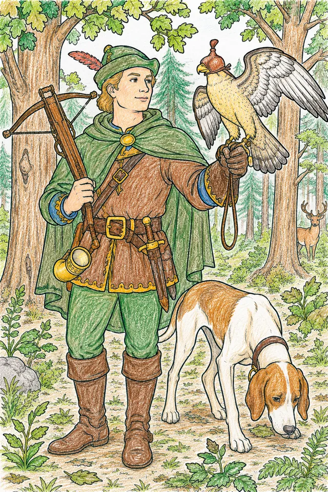 Der Jäger & Falkner: Ein mittelalterlicher Edelmann jagt im Wald — Falke auf dem Handschuh, Armbrust über der Schulter – So könnte es aussehen