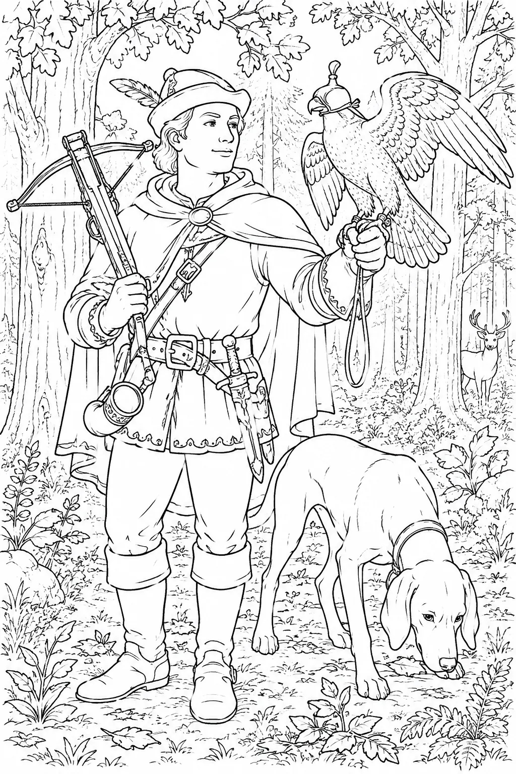 Ausmalbild: Mittelalterlicher Falkner mit Falken auf dem Handschuh und Armbrust