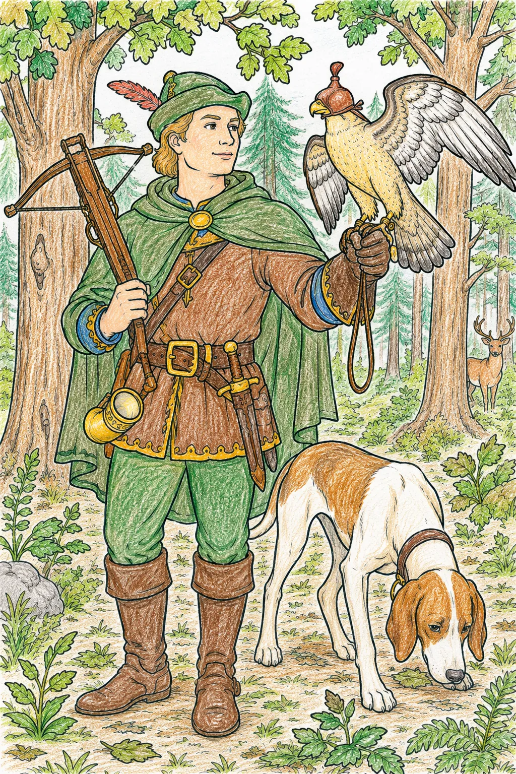 Der Jäger & Falkner: Ein mittelalterlicher Edelmann jagt im Wald — Falke auf dem Handschuh, Armbrust über der Schulter