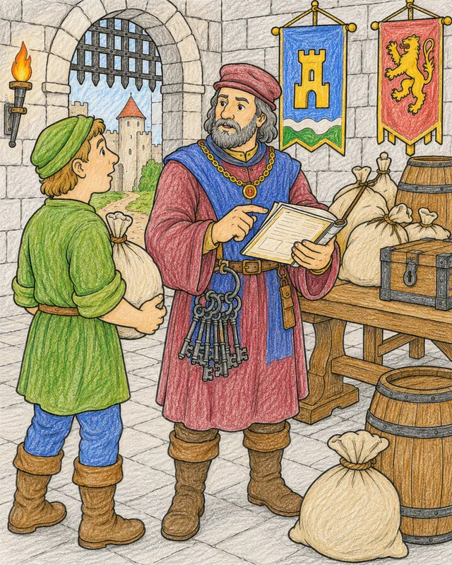 Ausmalbild: Mittelalterlicher Kastellan mit Schlüsseln und Hauptbuch in der Burg