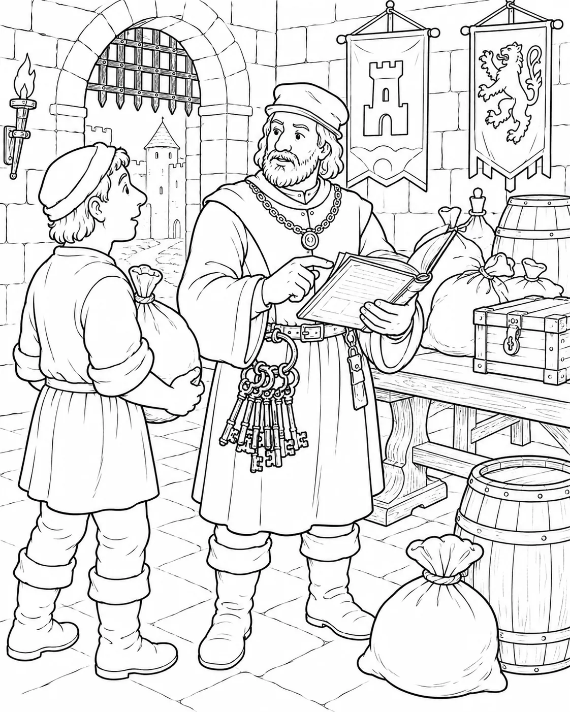 Ausmalbild: Mittelalterlicher Kastellan mit Schlüsseln und Hauptbuch in der Burg
