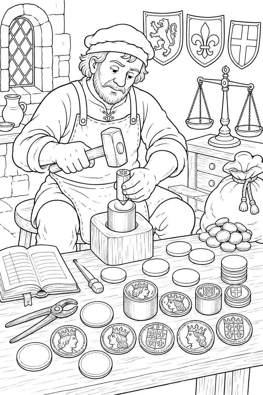 涂色页：在文书室里制作彩饰手稿的修士