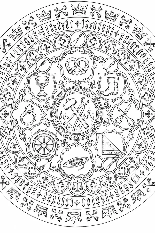 Mandala der Handwerkszeichen: Zünftliche Handwerkszeichen — Hammer, Zirkel, Brot, Axt und Schlüssel — in konzentrischen Ringen