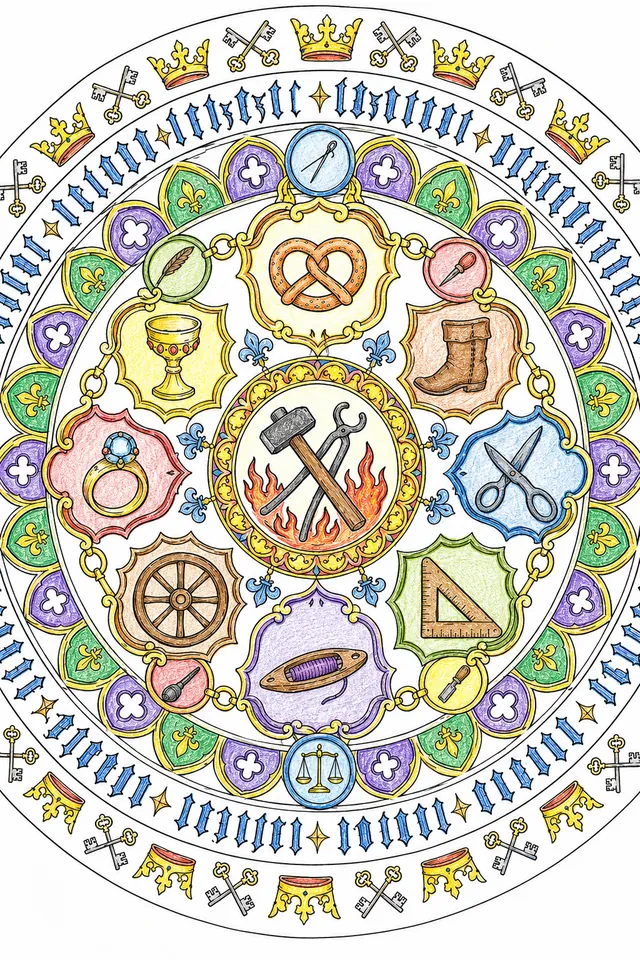 Ausmalbild Mandala: Mittelalterliche Handwerkszeichen in konzentrischen Ringen