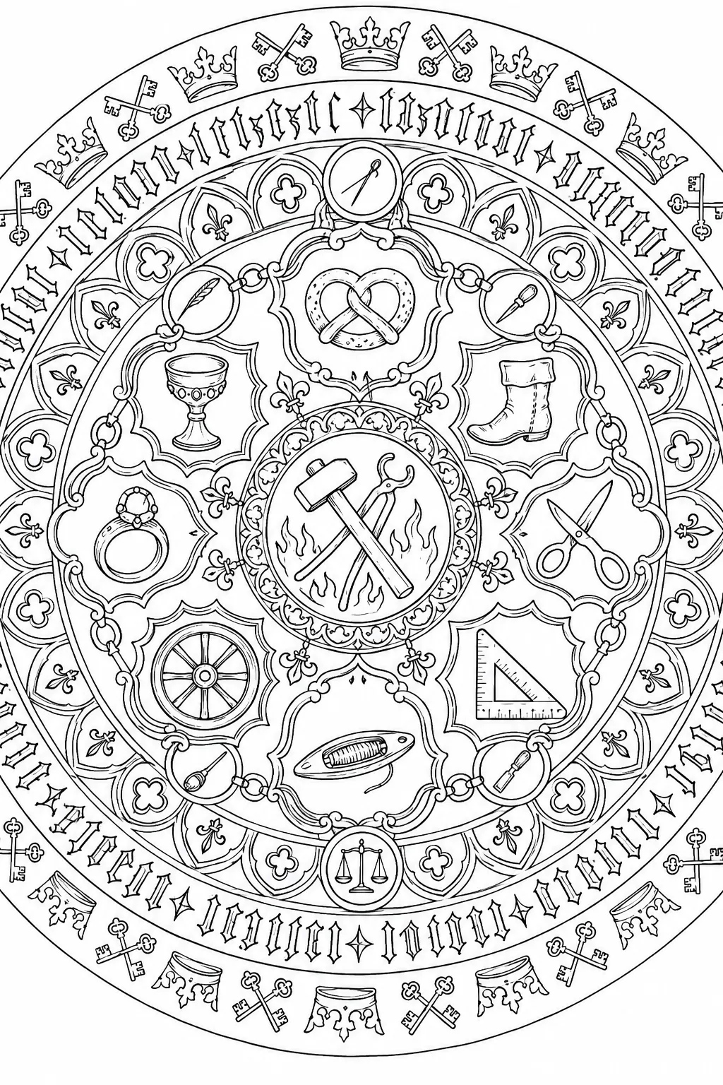Ausmalbild Mandala: Mittelalterliche Handwerkszeichen in konzentrischen Ringen