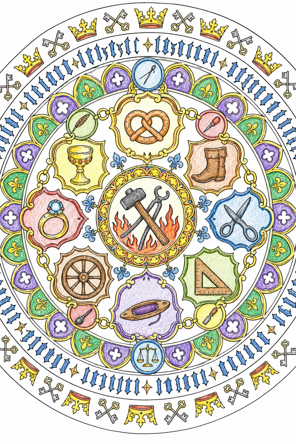 Mandala der Handwerkszeichen: Zünftliche Handwerkszeichen — Hammer, Zirkel, Brot, Axt und Schlüssel — in konzentrischen Ringen