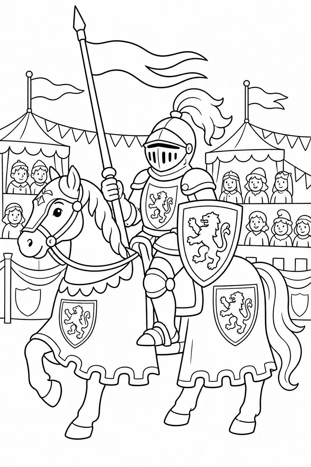 Ausmalbild: Mittelalterlicher Ritter in voller Plattenrüstung mit Lanze und Schild
