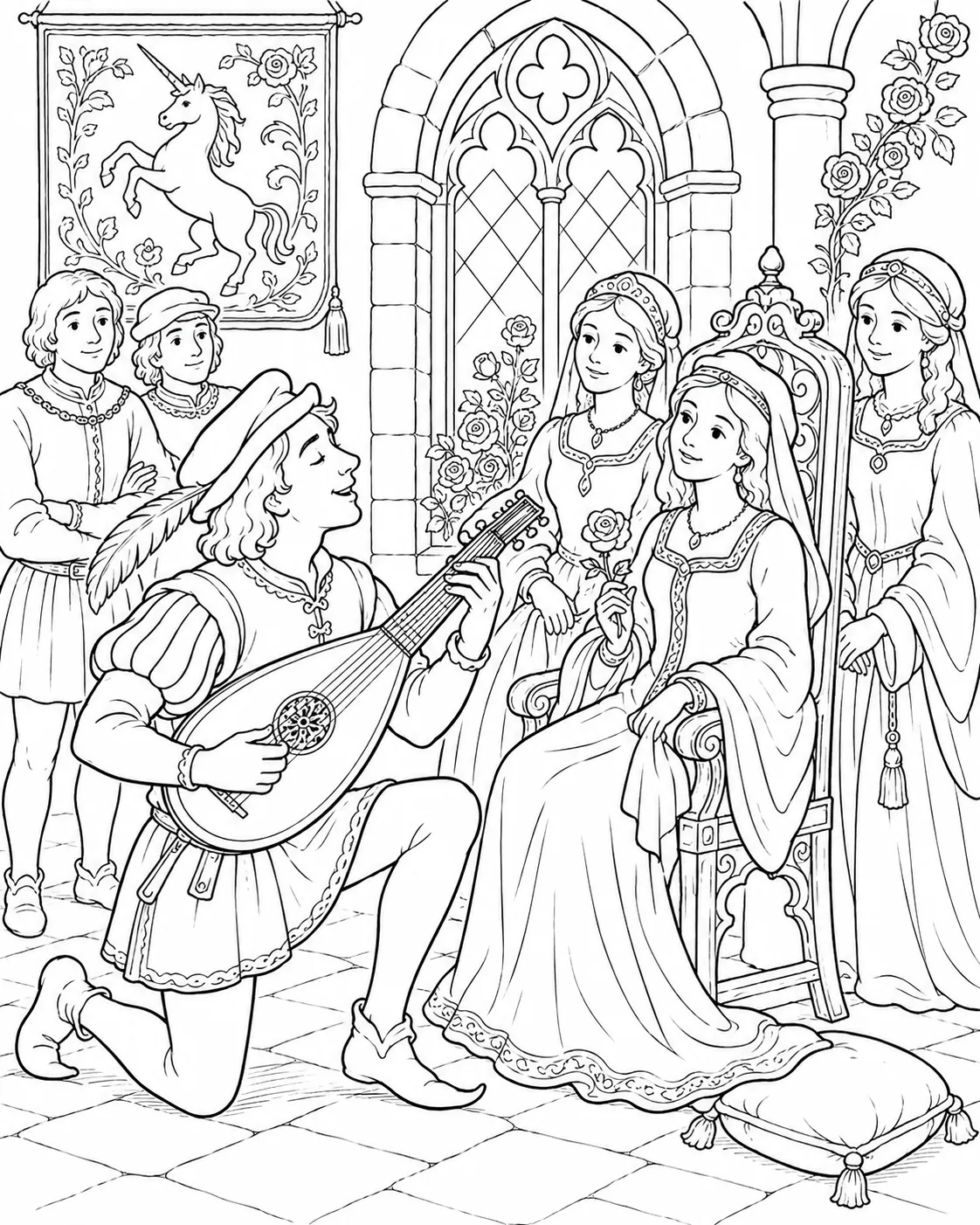 Ausmalbild: Mittelalterlicher Troubadour spielt Laute und singt Minnelied für Edeldame