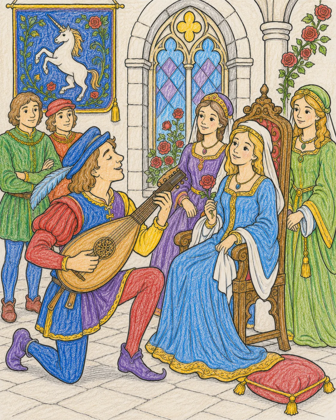 Der Troubadour: Ein mittelalterlicher Sänger und Dichter spielt Laute und singt Minnelieder am Hof einer Edeldame
