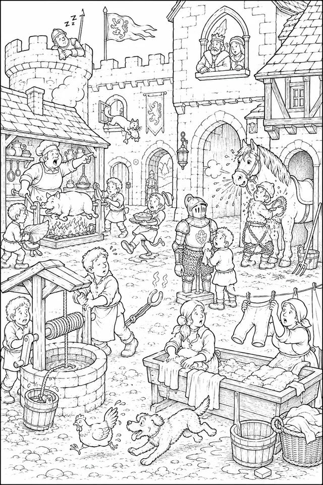 Wimmelbild Burgleben: Ein geschäftiger Burghof im Mittelalter — Knappen, Köche, Stallknechte und Waschweiber in vollem Betrieb