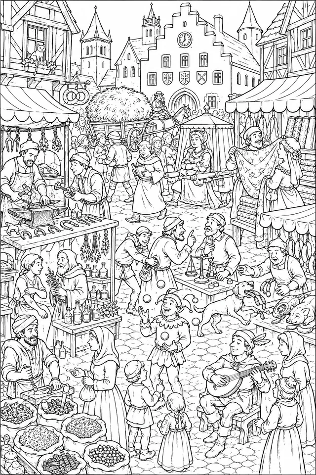 Wimmelbild Mittelaltermarkt: Ein geschäftiger mittelalterlicher Marktplatz mit Schmied, Bäcker, Kräuterhändler, Gaukler und Händlern