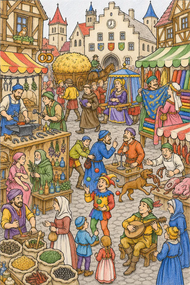 Wimmelbild Mittelaltermarkt: Ein geschäftiger mittelalterlicher Marktplatz mit Schmied, Bäcker, Kräuterhändler, Gaukler und Händlern – So könnte es aussehen