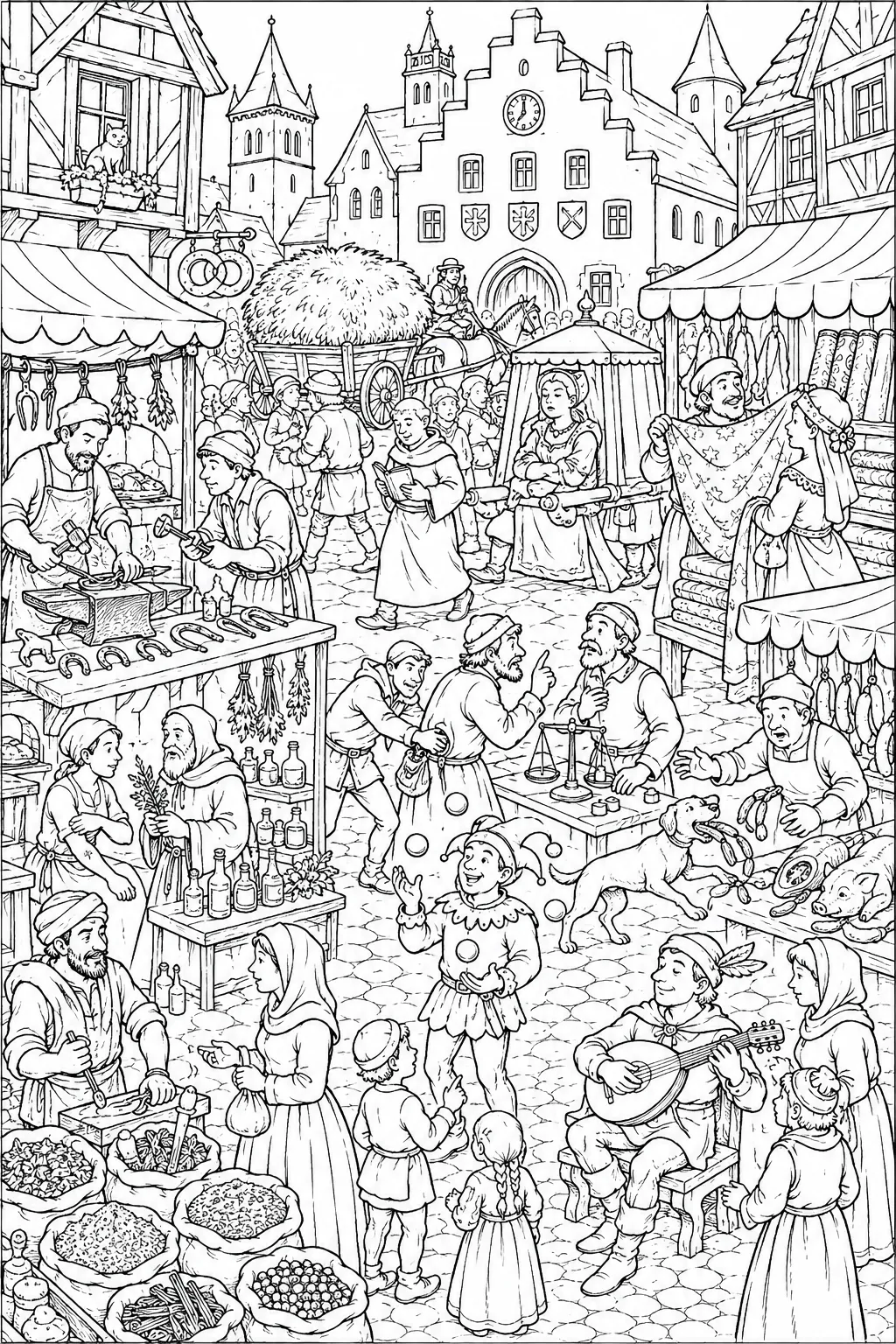 Ausmalbild Wimmelbild: Geschäftiger mittelalterlicher Marktplatz mit vielen Berufen