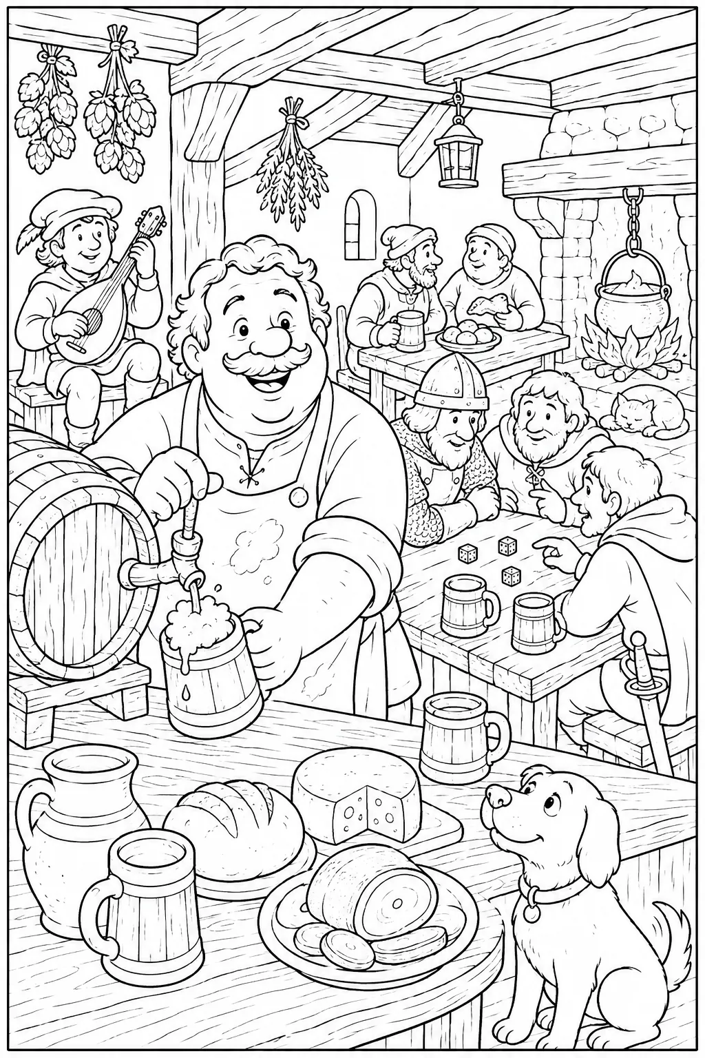 Ausmalbild: Mittelalterlicher Wirt zapft Bier aus dem Holzfass in der Taverne