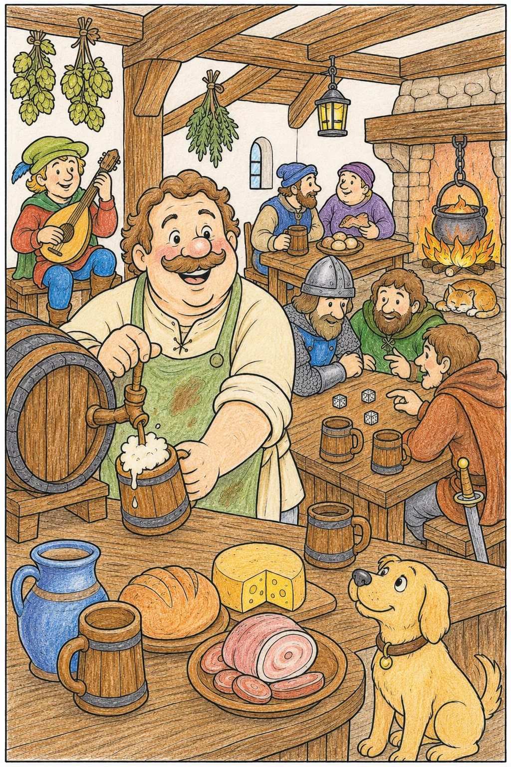 Der Wirt: Ein gemütlicher mittelalterlicher Tavernen-Wirt zapft Bier aus großen Holzfässern für seine Gäste