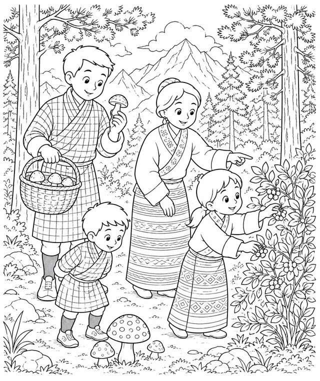 Bhutanesische Familie macht Waldspaziergang und sammelt gemeinsam Pilze und Beeren