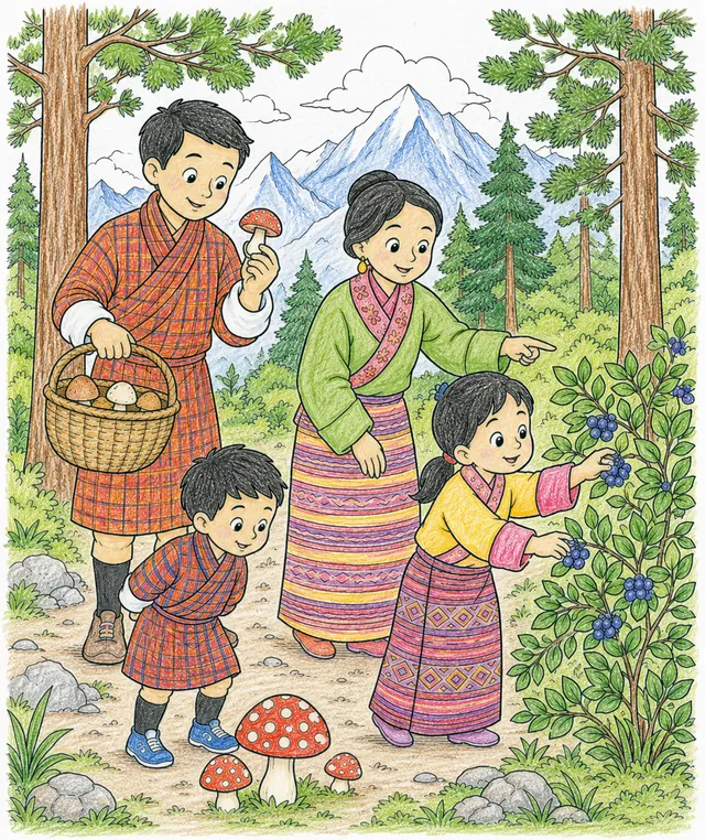 Bhutanesische Familie in Gho und Kira sammelt im Kiefernwald Pilze und Beeren