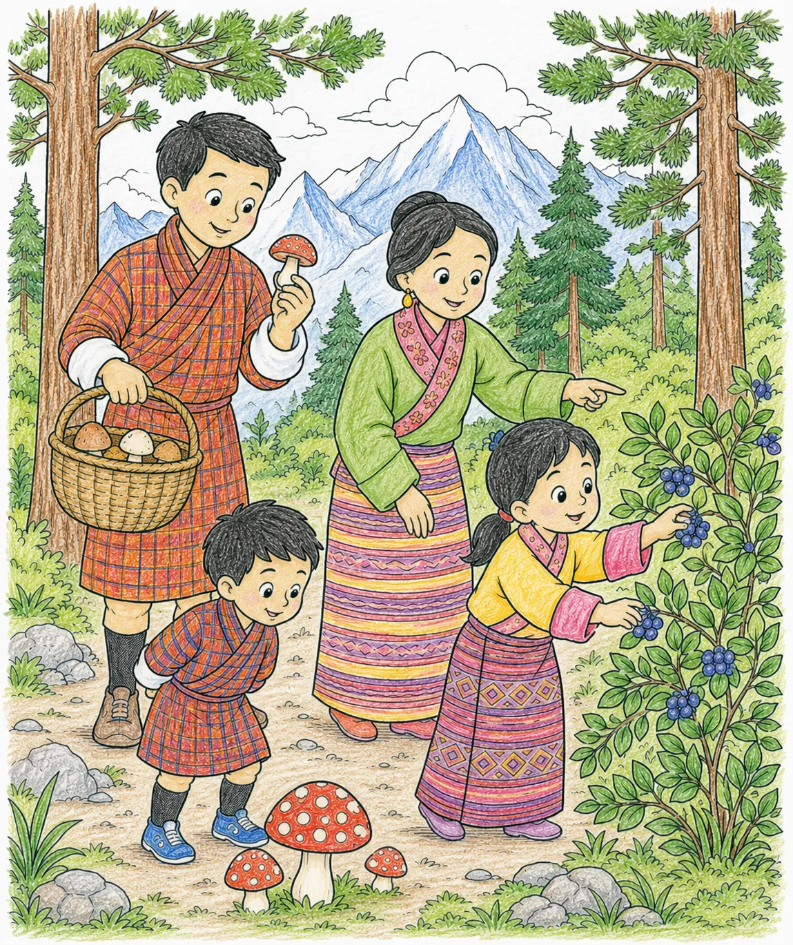 不丹家庭在森林里散步，一起采蘑菇和浆果