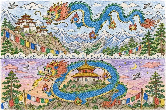Diptychon mit Donnerdrachen Druk über Himalaya-Klöstern oben und um Tempelhügel unten